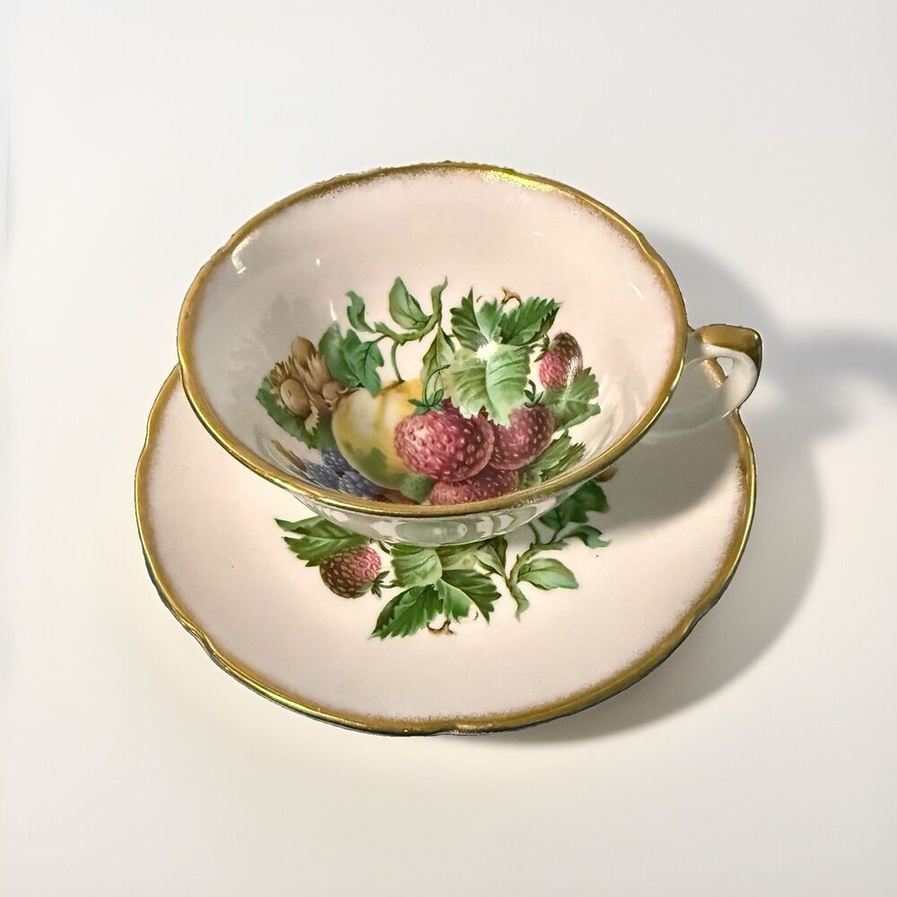Vintage Royal Grafton Fine Bone Tea cup & saucer Fruit & Nuts Gold Trim Pink